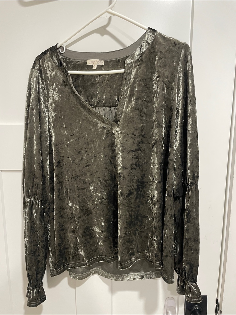Mystree Olive Crushed Velvet V-Neck Blouse